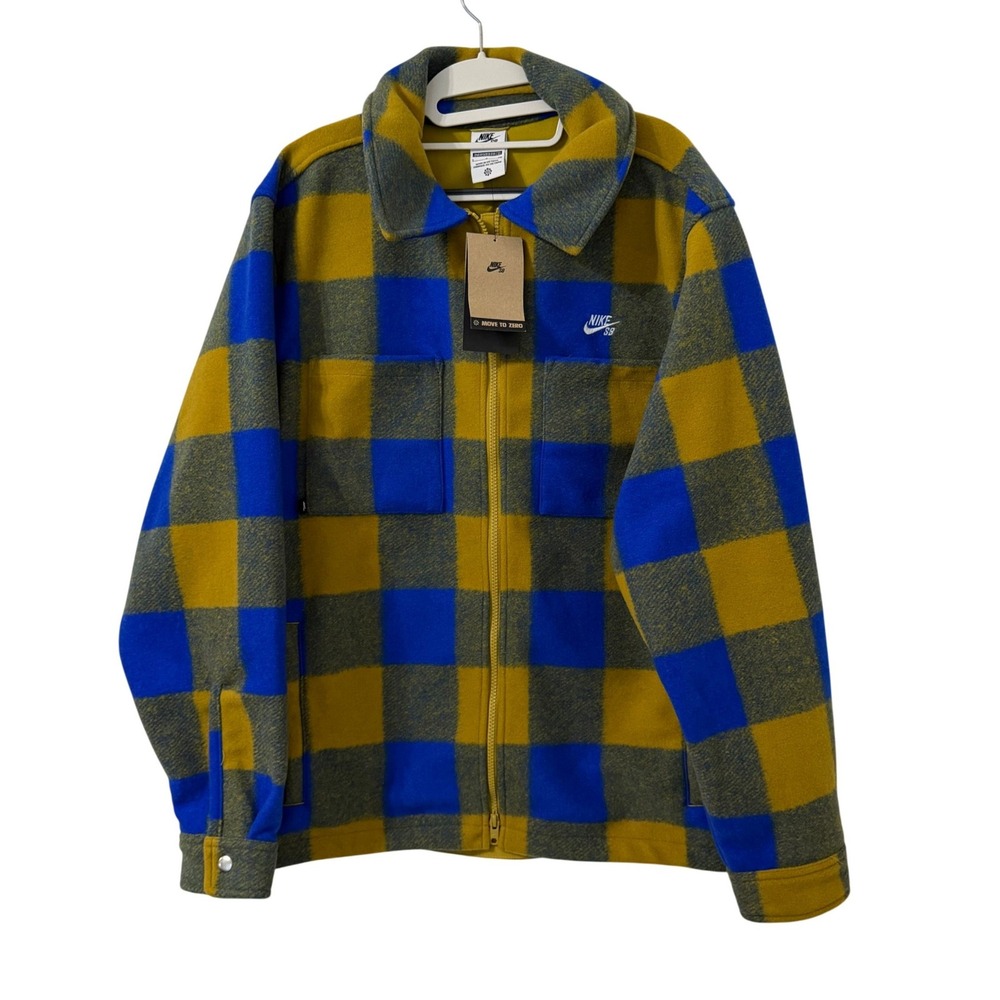 Nike SB Mens Oversized Plaid Flannel Fleece Zip Jacket Small Gold Blue NWT
